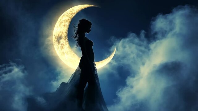 A silhouette of a woman in a flowing dress against a glowing crescent moon in a misty night sky
