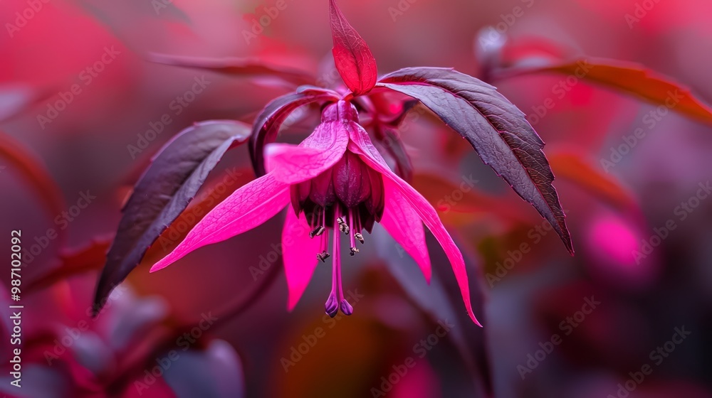 Poster  A tight shot of a pink bloom against a backdrop of green foliage, softly blurred background