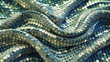 Teal and Silver Sequin Fabric Swirling in Oceanic Pattern