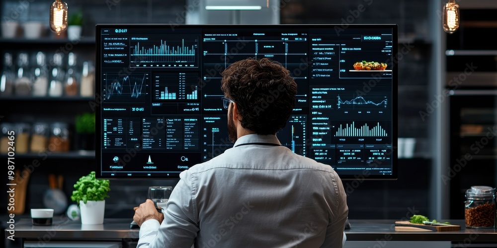Poster a person analyzes data on a large screen, showcasing charts and metrics in a modern workspace, refle