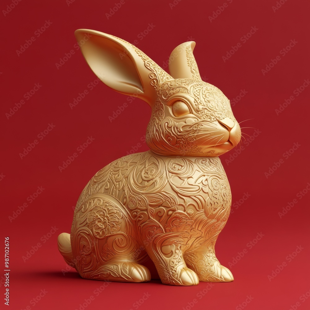 Poster a minimalistic 3d gold rabbit figurine with intricate chinese patterns, set on a red background, cel