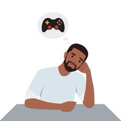 Sad man thinking about video games. Flat vector illustration isolated on white background