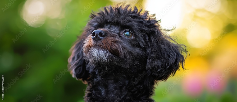 Wall mural  A tight shot of a dog's expressive face against a softly blurred backdrop of grass and trees