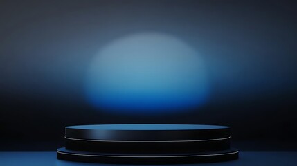 A black podium with two tiers sits on a dark blue background with a spotlight shining from above.