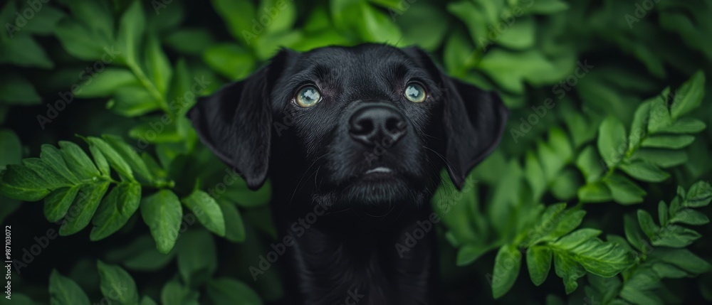 Poster  A mournful black dog in tight focus, adorned with a collar of green foliage Gazes directly into the camera