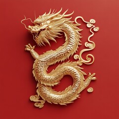 Obraz premium A minimalistic 3D golden dragon ornament with intricate designs, displayed on a rich red background, celebrating the Lunar New Year