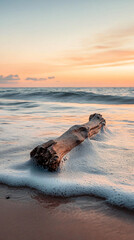 driftwood on a sandy beach at sunset -  a beautiful image of a weathered piece of driftwood resting on a sandy beach at sunset with the colors of the sky reflected in the water.  p