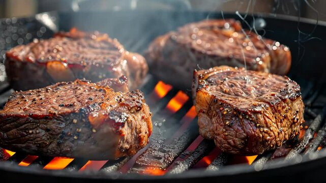Sizzling steaks being grilled over charcoal in a backyard barbecue on a sunny afternoon