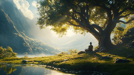 Malowniczy krajobraz o wschodzie słońca, gdzie medytująca osoba siedzi w pozycji lotosu pod rozłożystym drzewem bodhi.