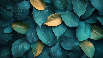 A vibrant and textured background of overlapping leaves in shades of green, blue, and orange.