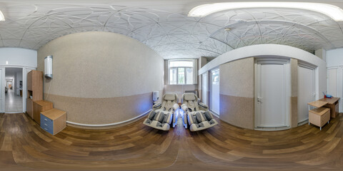 hdri 360 panorama in interior in rest room with massage vibrating leather chairs in equirectangular...
