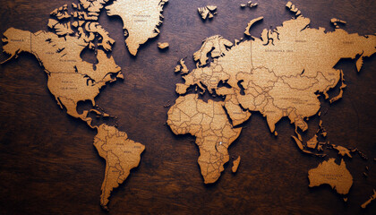 This beautifully crafted wooden world map showcases intricate details of continents and countries, perfect for home decor or educational purposes, highlighting the beauty of our planet's geography.