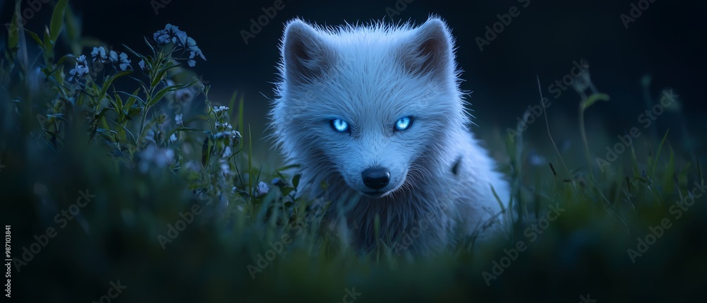 Wall mural  A white wolf, sporting blue eyes, stands amidst a lush field of grass Wildflowers and flowers dot the landscape in the foreground