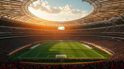Stadion, na którym odbywa się emocjonujący mecz piłki nożnej. Stadion tętni życiem, a radosne okrzyki kibiców tworzą niezapomnianą atmosferę