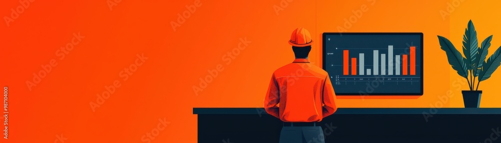 Poster a worker in an orange uniform analyzes data on a screen in a modern office environment with a vibran
