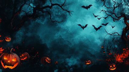 Tło z różnorodnymi dekoracjami halloweenowymi, takimi jak straszne twarze, świecące dynie i długie cienie. 