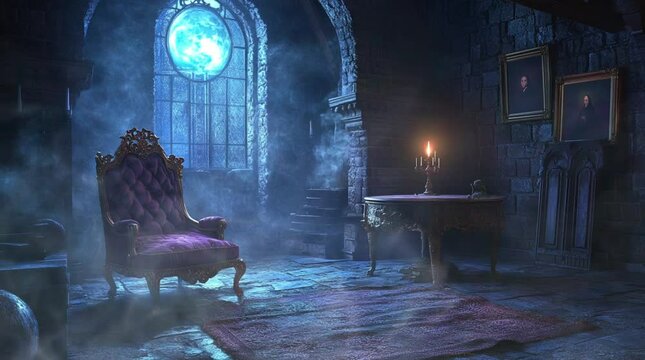 A mystical castle room featuring a large window showcasing a full moon, enveloped in a soft mist that enhances the enchanting atmosp Seamless looping 4k time-lapse virtual video animation Generated AI