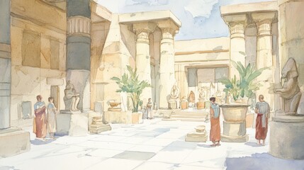 Fototapeta premium A tranquil ancient temple scene depicting stone pillars, sculptures, and lush plants in a warm, inviting atmosphere.