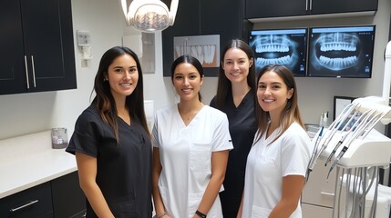 Four smiling women in dental scrubs stand in a dental office. They are all looking at the camera. The office is clean and modern.