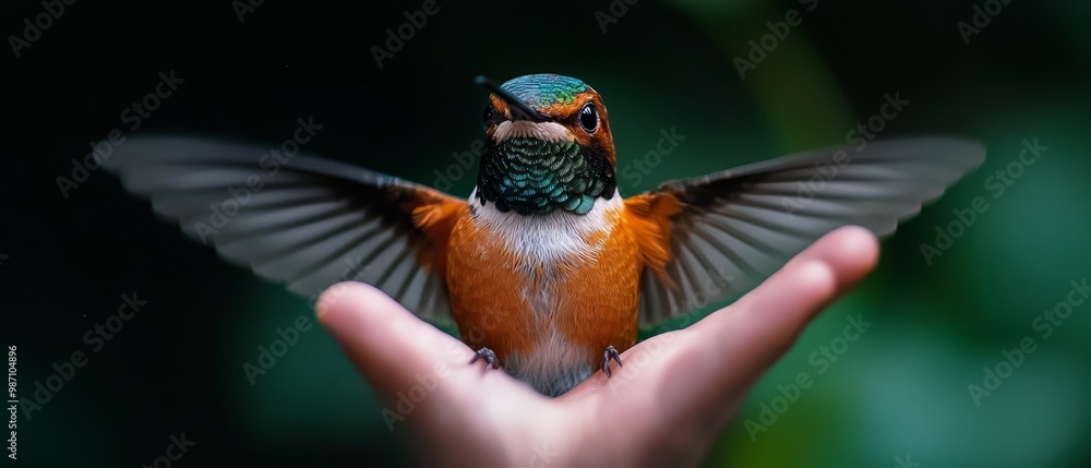 Poster  A tight shot of a hand cradling a small, multi-colored bird The avian creature's vibrant body and expansive wings are visibly displayed