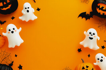 Cute ghosts, pumpkins, and bats on vibrant orange background with Halloween elements