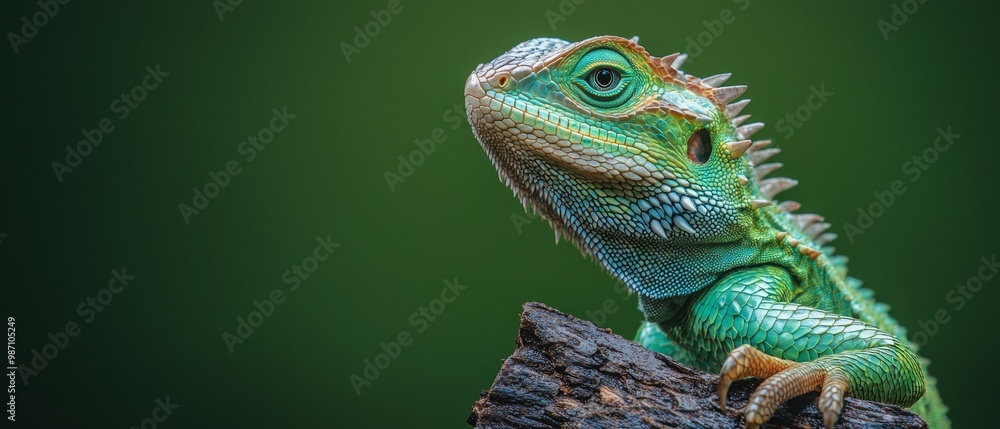 Poster  A tight shot of a lizard perched on a tree branch against a green background