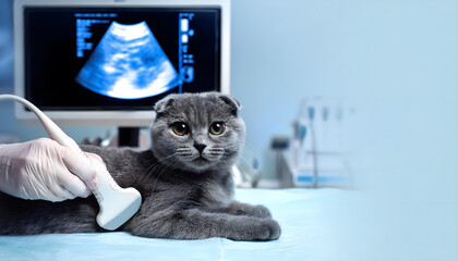 A gray Scottish Fold cat laying on the table during ultrasound examination in vet clinic. The medical equipment monitor at the background.