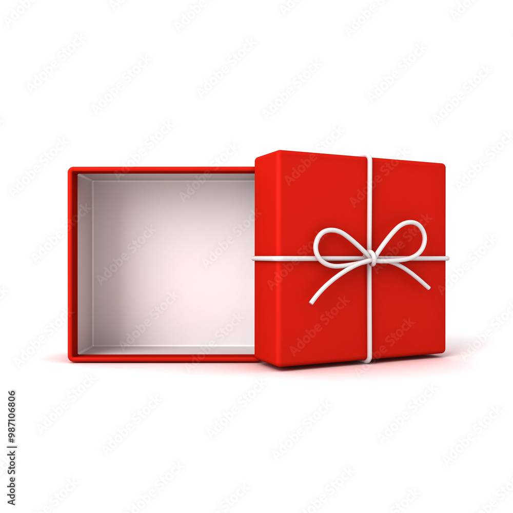 Poster minimal red gift box open with blank white bottom box inside or front view of red present box tied w