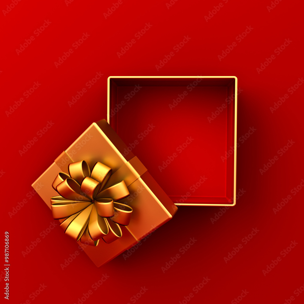 Poster Top view of gold present box tied with golden ribbon bow or blank gold gift box opening isolated on dark red background with shadow minimal conceptual 3D rendering