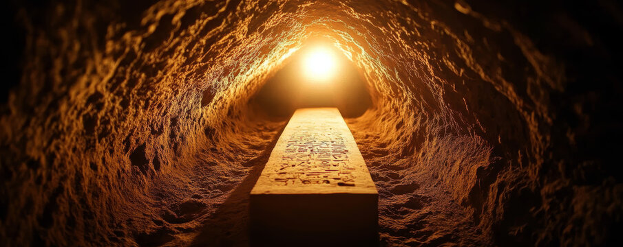 An ancient tunnel glows with warm light, revealing a stone slab adorned with cryptic inscriptions. This hidden space invites exploration and contemplation of forgotten histories.