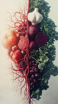 Artistic Red Roots and Vegetables Depicting Vascular Health