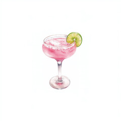 Cocktail watercolor painting, pink margarita alcoholic beverage hand-painted illustration. Isolated on white background. Suitable for drink, menu, banner for advert