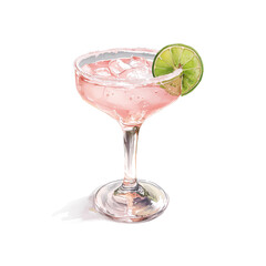 Cocktail watercolor painting, pink margarita alcoholic beverage hand-painted illustration. Isolated on white background. Suitable for drink, menu, banner for advert