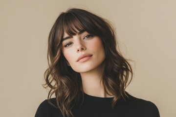 Portrait of a young woman with wavy hair and bangs against neutral background