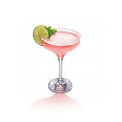 Cocktail watercolor painting, pink margarita alcoholic beverage hand-painted illustration. Isolated on white background. Suitable for drink, menu, banner for advert