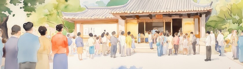 Fototapeta premium A vibrant scene of people gathering at a traditional temple, showcasing cultural exchange and community spirit.