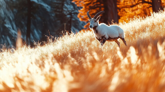 Un possente ibex corre libero in un paesaggio autunnale dorato. L'immagine cattura la maestosit&agrave; della natura incontaminata e la libert&agrave; selvaggia.