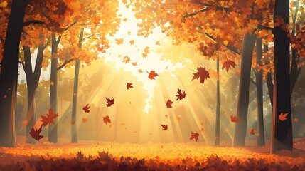 Sunbeams Through Autumn Trees with Falling Leaves