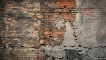Aged, worn, and weathered old wall background with prominently stained and faded bricks, showcasing a mix of earthy tones,generative ai