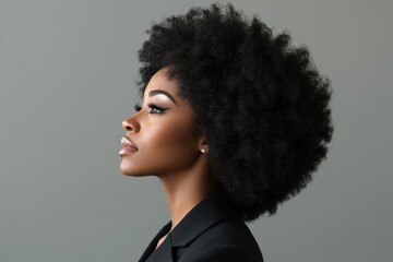 Profile of a confident woman with afro hairstyle against gray background