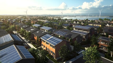 Obraz premium Vibrant and modernist sustainable urban neighborhood with solar powered homes businesses and community facilities offshore wind farm