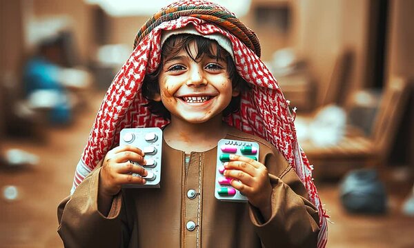 Smiling Child Holding Medicine in Traditional Attire | Global Healthcare Access and Cultural Resilience in Rural Communities