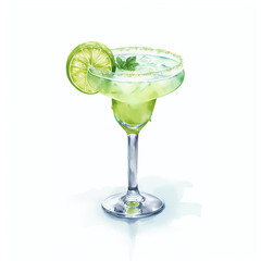 Cocktail watercolor painting, green margarita alcoholic beverage hand-painted illustration. Isolated on white background. Suitable for drink, menu, banner for advert