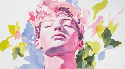 A vibrant watercolor portrait of a serene young man surrounded by colorful abstract shapes, showcasing emotional depth and artistry.