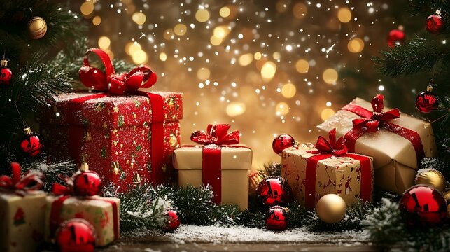 christmas background with gift boxes and decorations
