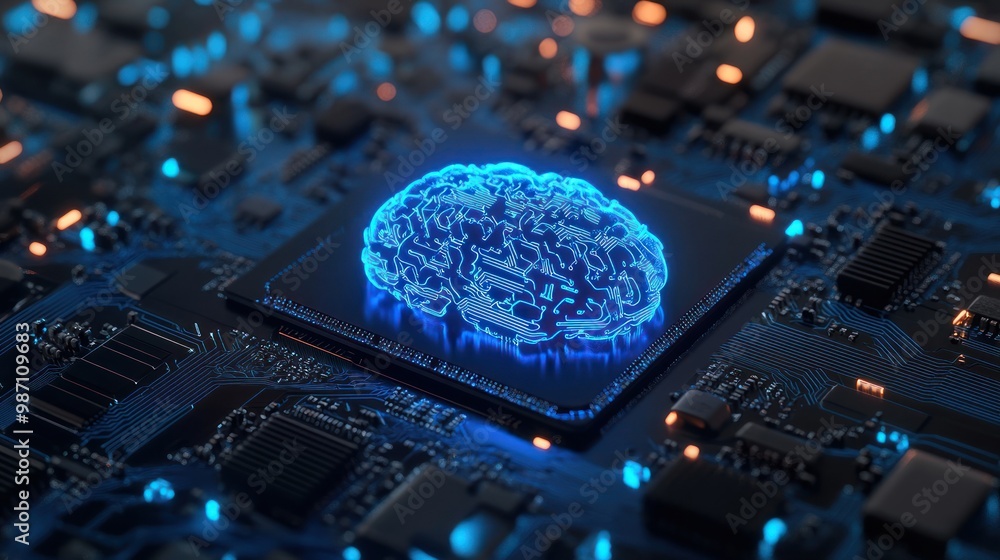 Poster glowing blue brain circuit on microchip on computer motherboard