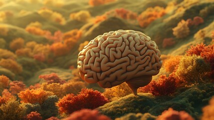 Obraz premium Vibrant Foliage Envelops Serene 3D of the Human Brain Amidst Peaceful Rolling Hills Conceptual artwork depicting the creative contemplative nature of the human mind within a lush