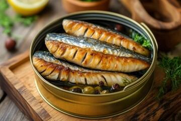 Picture of tasty fillet of mackerel in sunflower oil in open tin can , ai