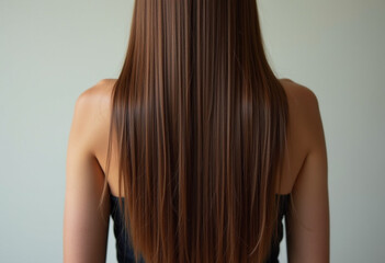 Naklejka premium Smooth, straight brown hair flows elegantly down back, highlighting its healthy shine and uniform color, illuminated by soft lighting, creating striking look. Hair care, the effect of cosmetics. AI