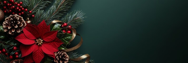 Elegant wide Christmas banner with lush poinsettias and festive decorations against a deep green backdrop.